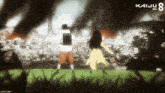 a poster for kaiju no 8 shows a man and a woman