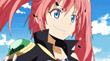 a girl with pink hair and blue eyes is smiling with a blue sky in the background