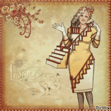 a drawing of a woman holding a set of stairs with the words picmix below her