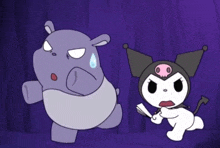 a cartoon drawing of a hippo and a demon with a purple background