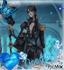 a picture of a man holding a wand with the words goodnight written in blue