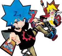 a cartoon drawing of a boy with blue hair holding a card with chinese writing on it