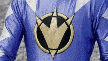 a person wearing a blue and white striped shirt with a gold emblem on it