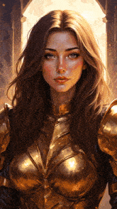 a woman with long hair is wearing a gold armor