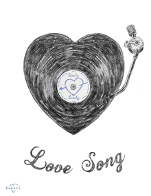 a drawing of a heart shaped record player with the words love song below it