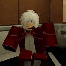 a cartoon character with white hair and cat ears is wearing a red coat