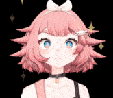 a girl with pink hair and blue eyes has a white bow in her hair