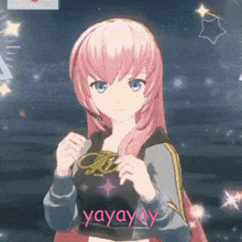 a girl with pink hair is wearing a black shirt with a star on it and the word yayay on it