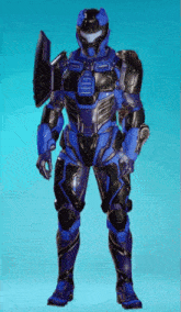a blue and black robot with a shield and a gun
