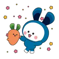 a blue bunny is holding a carrot with flowers in the background