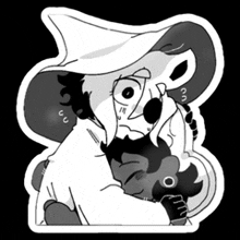 a black and white drawing of a witch hugging a skull