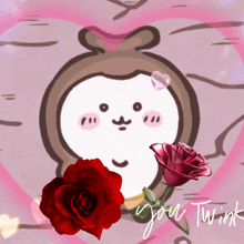 a drawing of a monkey with red roses and the words " you twink " on the bottom