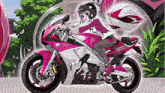 a cartoon girl is riding a pink motorcycle