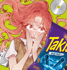a girl with pink hair is next to a bag of blue heat takis