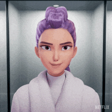 a cartoon girl with purple hair is wearing a bathrobe and smiling