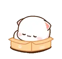 a cartoon cat is sitting in a cardboard box with its tongue out .