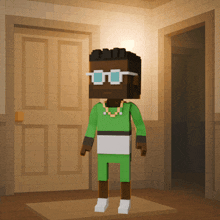 a cartoon character wearing sunglasses and a green shirt is standing in front of a door