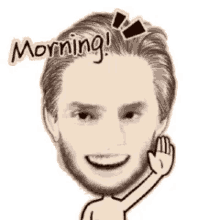 a cartoon man with a beard is waving his hand and smiling .