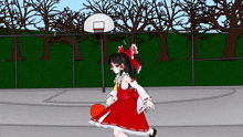 a girl in a red dress is dribbling a basketball on a court