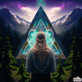 a woman stands in front of a triangle with pixiz written on the bottom right