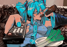 a drawing of hatsune miku holding a remote control and drinking