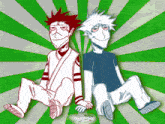 two cartoon characters sitting next to each other on a green and white background