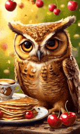 an owl is sitting on a table with a plate of pancakes and cherries