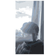 a man wearing a mask looks out a window with a cloudy sky in the background