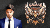 a man in a suit and tie is standing in front of a poster that says garasi evolution