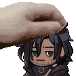 a person is putting a piece of bread on top of a cartoon character 's head .