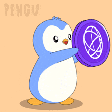 a penguin is holding a purple coin with the word pengu written on the bottom