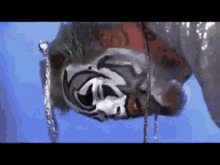 a man with a mask on his face is hanging from a chain .