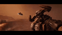 a demon with horns looks at a flying object