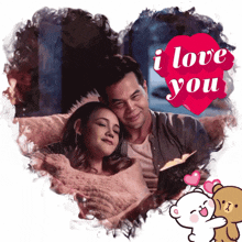 a picture of a man and a woman with a heart shaped frame that says i love you