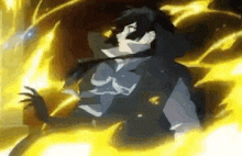 a cartoon character is surrounded by yellow flames and is being struck by a lightning bolt .