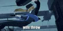 a video game character is flying through the air with the words wife throw written on the bottom .
