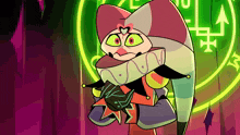 a cartoon character with a long hat and a heart on his forehead is standing in front of a green circle .