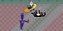 a pixel art of a man on a snowboard and a penguin
