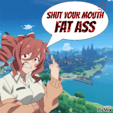 a girl giving the middle finger with a speech bubble that says shut your mouth fat ass