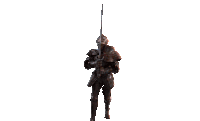 a knight in armor holds a sword in his right hand