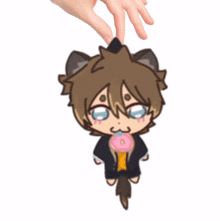 a hand is reaching for a cartoon character holding a donut