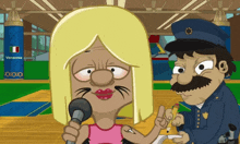 a cartoon of a woman talking into a microphone and a police officer