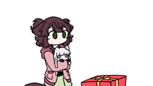 a cartoon of two girls standing next to each other with one holding a cat