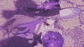 a girl with long purple hair wearing a witch hat holds purple flowers