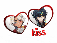a couple of anime hearts with the word kiss on the bottom