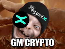 a man wearing a hat that says blizzard x is surrounded by gm crypto