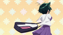 a girl with green hair and a purple skirt is standing next to a boy with brown hair