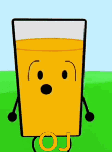 a glass of orange juice with arms and legs