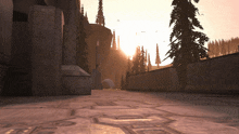 a computer generated image of a landscape with trees and a building