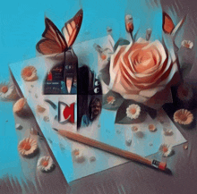 a butterfly is sitting on a piece of paper with a rose and a pencil on it